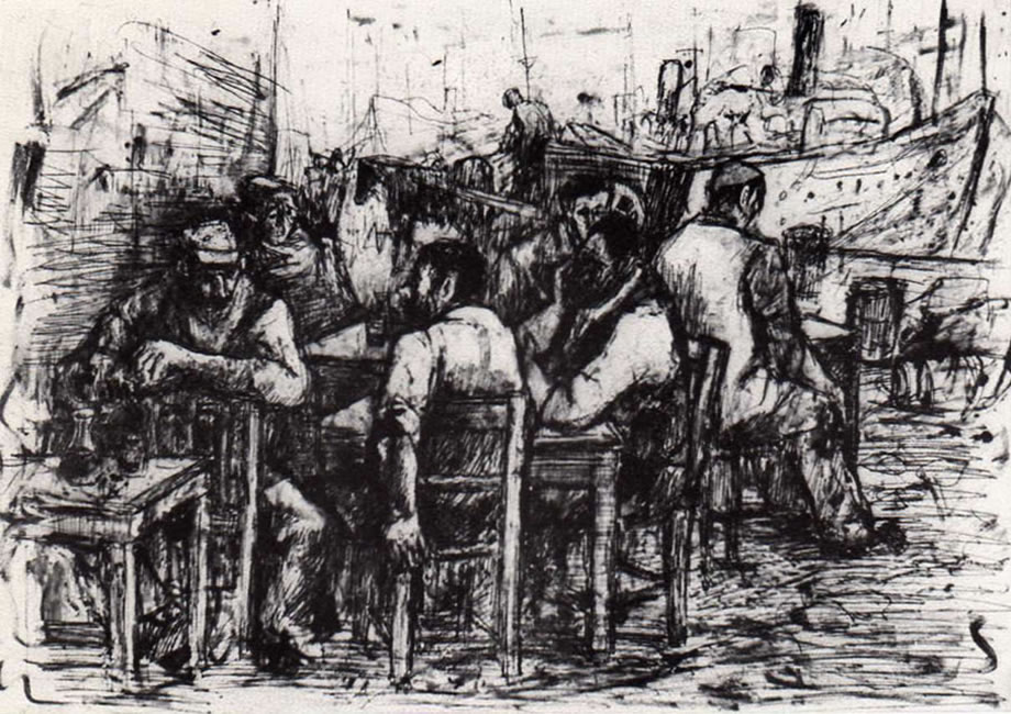 Nel porto, 1958, china su carta, Napoli, collezione privata, esposta Collettiva di Grafica Contemporanea, Studio d’Arte 43, Napoli, 1987
